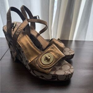 Coach Bronze Metallic Wedge Sandals with Signature Pattern